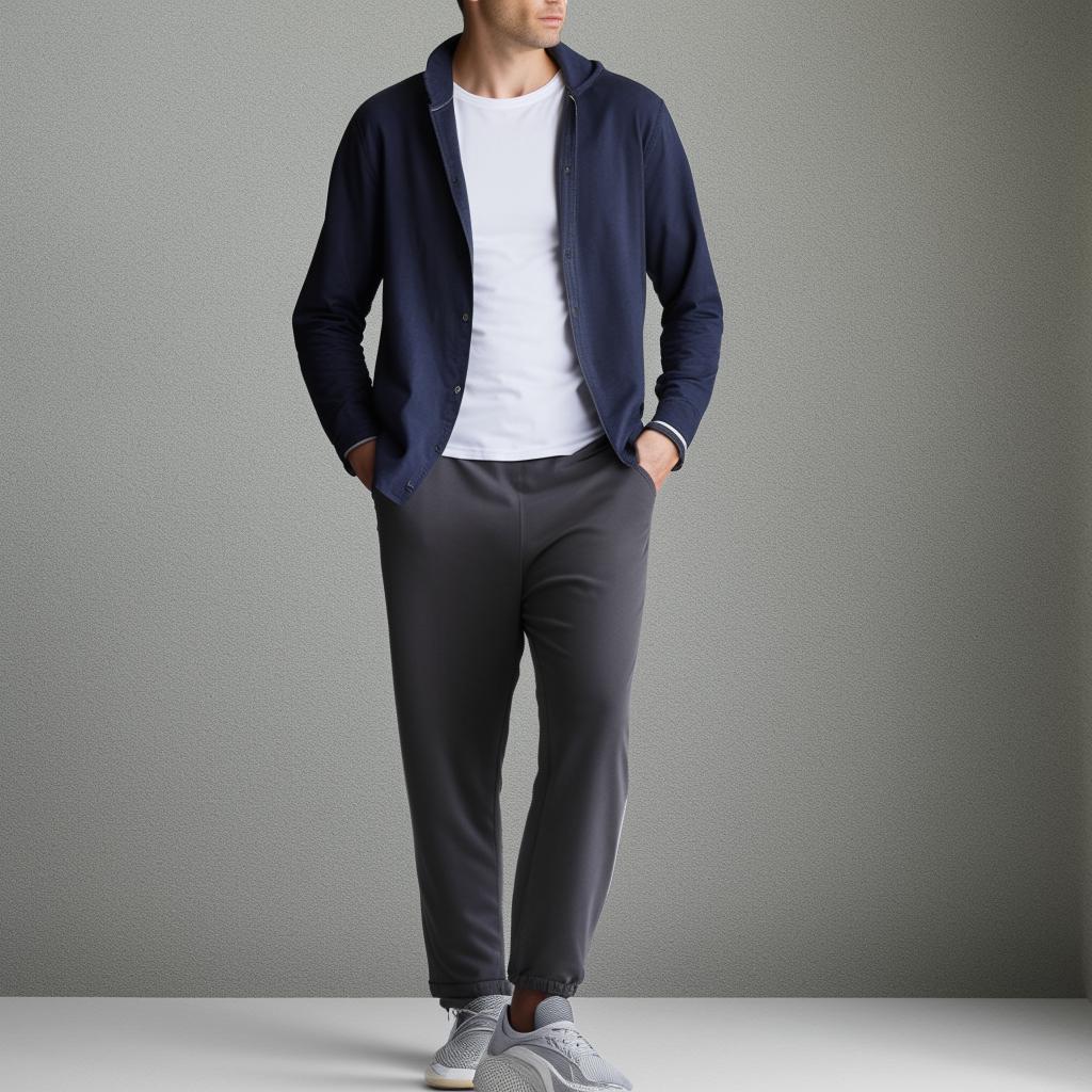 Casual, long sports attire for an adult male, featuring comfort-fit sports trousers, a lightweight long-sleeved top, and a pair of casual sports shoes.