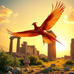 A stunning phoenix in mid-flight, soaring towards the ancient ruins of the Persepolis tower, adorned with the intricate capital of a lion and sun motif atop a column