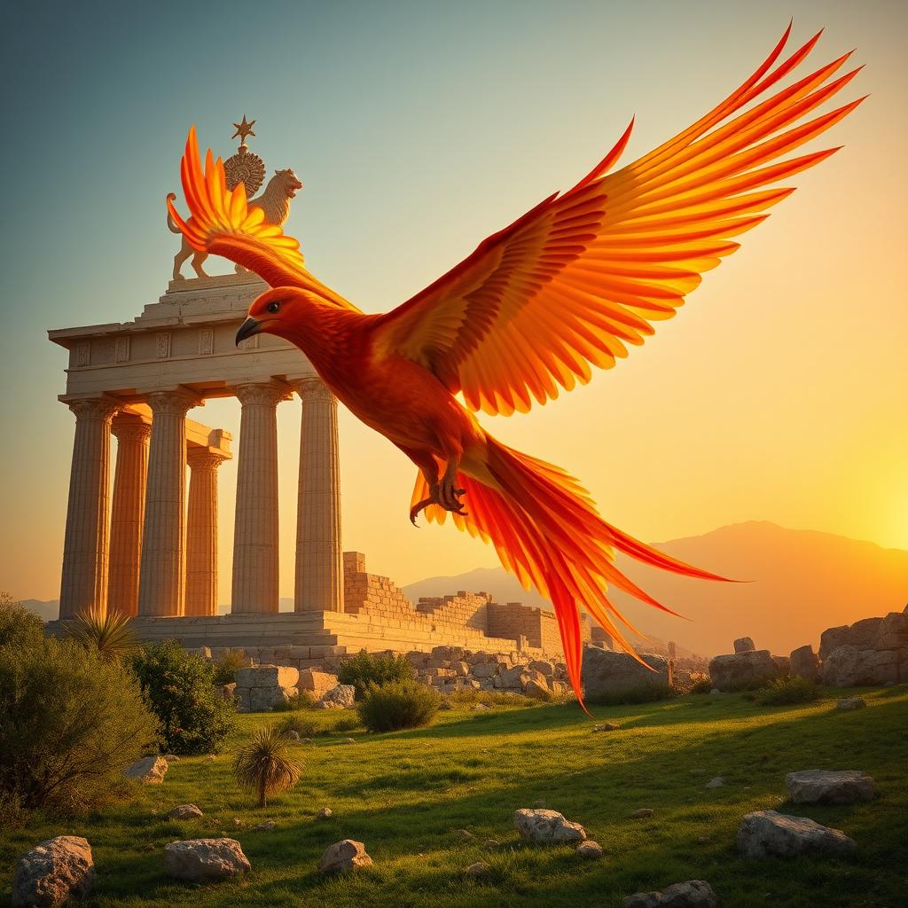 A stunning phoenix in mid-flight, soaring towards the ancient ruins of the Persepolis tower, adorned with the intricate capital of a lion and sun motif atop a column