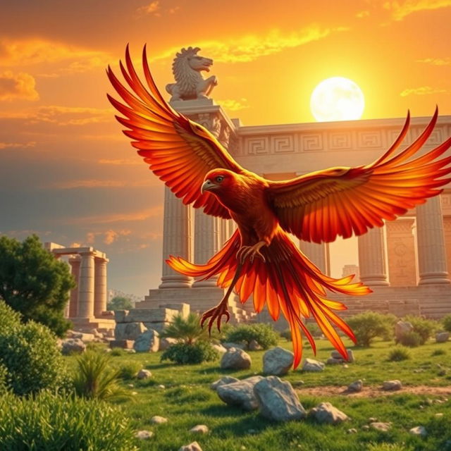 A stunning phoenix in mid-flight, soaring towards the ancient ruins of the Persepolis tower, adorned with the intricate capital of a lion and sun motif atop a column