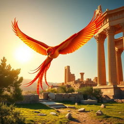 A stunning phoenix in mid-flight, soaring towards the ancient ruins of the Persepolis tower, adorned with the intricate capital of a lion and sun motif atop a column
