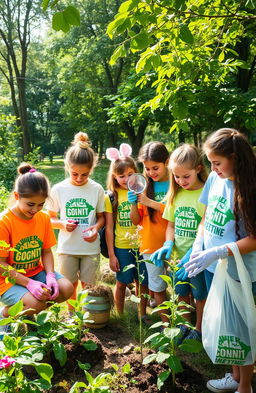 A vibrant and engaging scene of a Junior Ecologist Movement Club, featuring a group of diverse young people, ages around 10-15, enthusiastically engaged in environmental activities