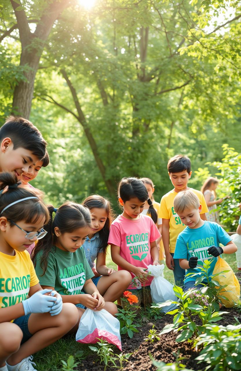 A vibrant and engaging scene of a Junior Ecologist Movement Club, featuring a group of diverse young people, ages around 10-15, enthusiastically engaged in environmental activities