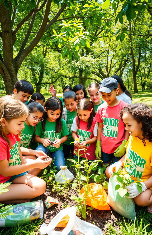 A vibrant and engaging scene of a Junior Ecologist Movement Club, featuring a group of diverse young people, ages around 10-15, enthusiastically engaged in environmental activities