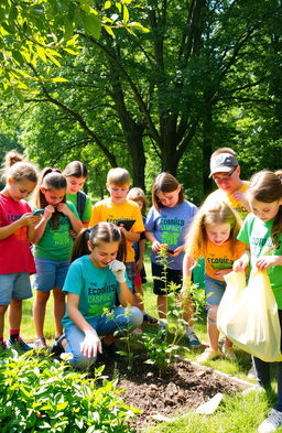 A vibrant and engaging scene of a Junior Ecologist Movement Club, featuring a group of diverse young people, ages around 10-15, enthusiastically engaged in environmental activities