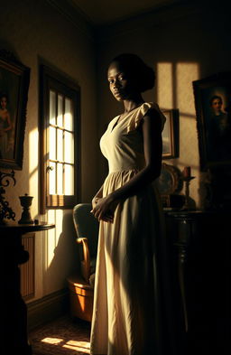 A dramatic scene depicting a fanciful representation of a woman, with dark skin, set in a small, intimate room