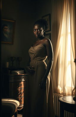 A dramatic scene depicting a fanciful representation of a woman, with dark skin, set in a small, intimate room