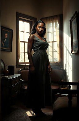 A dramatic scene depicting a fanciful representation of a woman, with dark skin, set in a small, intimate room