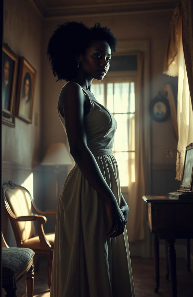 A dramatic scene depicting a fanciful representation of a woman, with dark skin, set in a small, intimate room