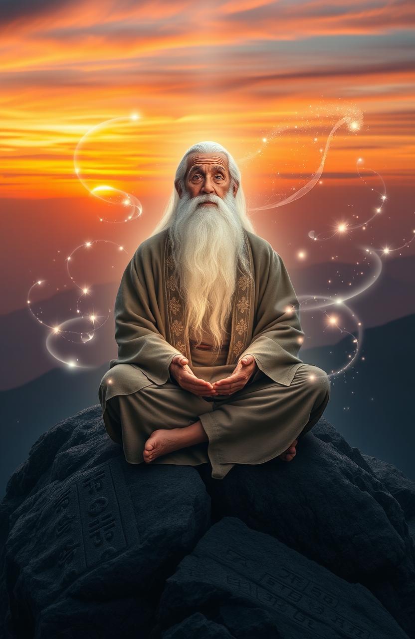 A serene and mystical scene of a wise old sage sitting cross-legged on a mountain peak, enveloped in soft, glowing light