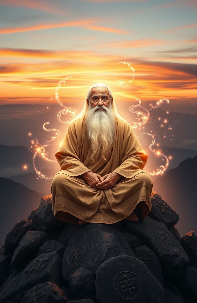 A serene and mystical scene of a wise old sage sitting cross-legged on a mountain peak, enveloped in soft, glowing light