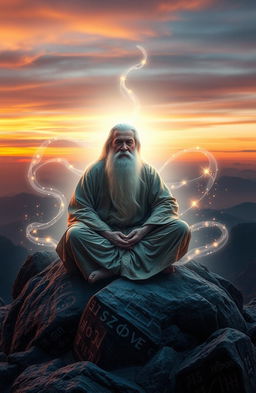 A serene and mystical scene of a wise old sage sitting cross-legged on a mountain peak, enveloped in soft, glowing light