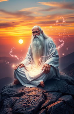 A serene and mystical scene of a wise old sage sitting cross-legged on a mountain peak, enveloped in soft, glowing light