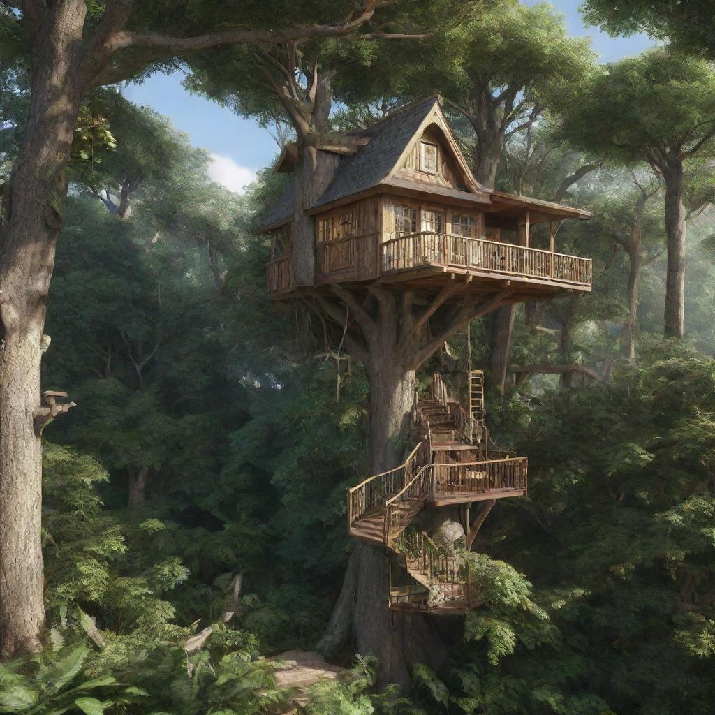 Render a small, quaint, luxurious treehouse perched at the pinnacle of a towering tree in the heart of an enchanting, lush forest.