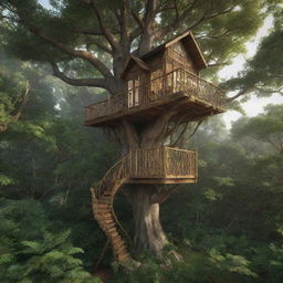 Render a small, quaint, luxurious treehouse perched at the pinnacle of a towering tree in the heart of an enchanting, lush forest.