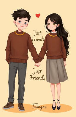 A heartwarming artwork depicting a young couple holding hands, with the guy in stylish grey trousers and the girl wearing a fashionable grey skirt