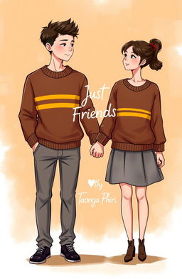 A heartwarming artwork depicting a young couple holding hands, with the guy in stylish grey trousers and the girl wearing a fashionable grey skirt