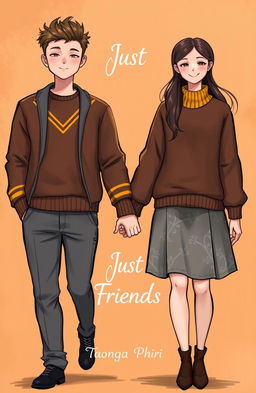 A heartwarming artwork depicting a young couple holding hands, with the guy in stylish grey trousers and the girl wearing a fashionable grey skirt
