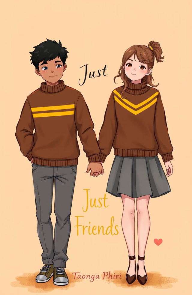 A heartwarming artwork depicting a young couple holding hands, with the guy in stylish grey trousers and the girl wearing a fashionable grey skirt