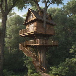 Render a small, quaint, luxurious treehouse perched at the pinnacle of a towering tree in the heart of an enchanting, lush forest.