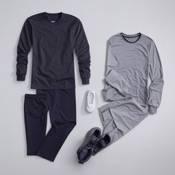 Casual, long sports attire for an adult male, featuring comfort-fit sports trousers, a lightweight long-sleeved top, and a pair of casual sports shoes.