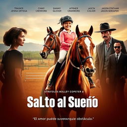 A movie poster featuring a determined-looking father, portrayed by Bradley Cooper, holding the reins of a beautiful horse, gazing at his daughter Jenna Ortega, who rides confidently in a bright riding outfit, smiling
