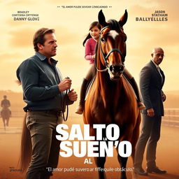 A movie poster featuring a determined-looking father, portrayed by Bradley Cooper, holding the reins of a beautiful horse, gazing at his daughter Jenna Ortega, who rides confidently in a bright riding outfit, smiling