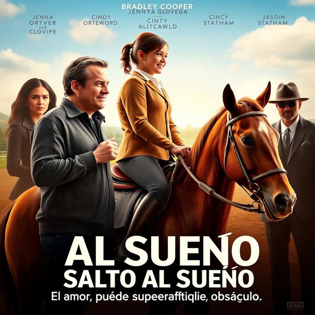 A movie poster featuring a determined-looking father, portrayed by Bradley Cooper, holding the reins of a beautiful horse, gazing at his daughter Jenna Ortega, who rides confidently in a bright riding outfit, smiling