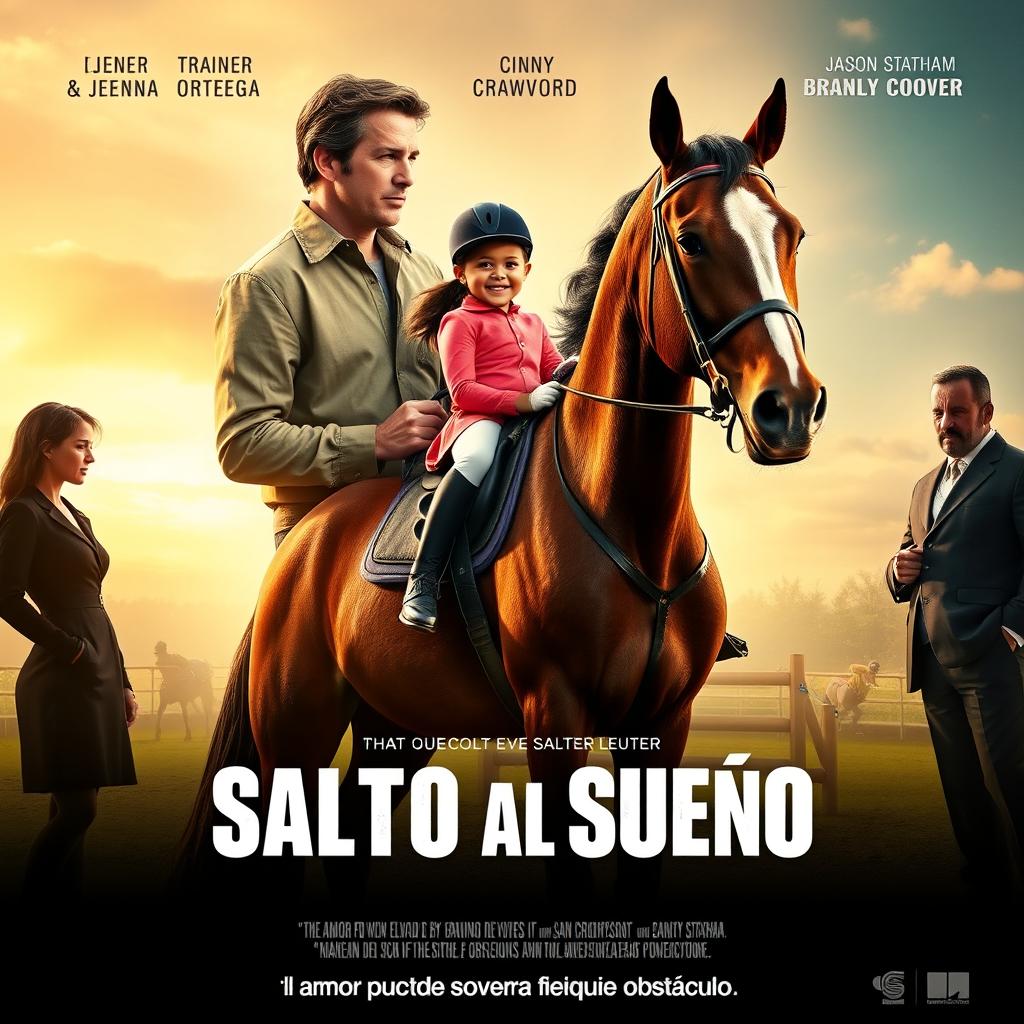 A movie poster featuring a determined-looking father, portrayed by Bradley Cooper, holding the reins of a beautiful horse, gazing at his daughter Jenna Ortega, who rides confidently in a bright riding outfit, smiling