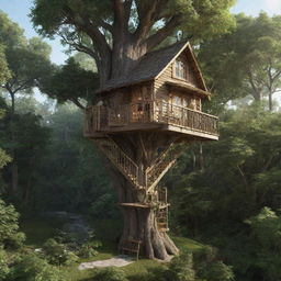 Render a small, quaint, luxurious treehouse perched at the pinnacle of a towering tree in the heart of an enchanting, lush forest.