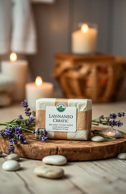 A beautifully arranged display of a luxurious bathing soap product on a wooden surface, surrounded by natural elements like fresh lavender sprigs and smooth pebbles