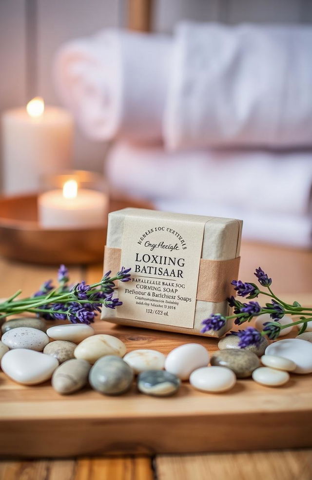 A beautifully arranged display of a luxurious bathing soap product on a wooden surface, surrounded by natural elements like fresh lavender sprigs and smooth pebbles