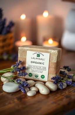 A beautifully arranged display of a luxurious bathing soap product on a wooden surface, surrounded by natural elements like fresh lavender sprigs and smooth pebbles
