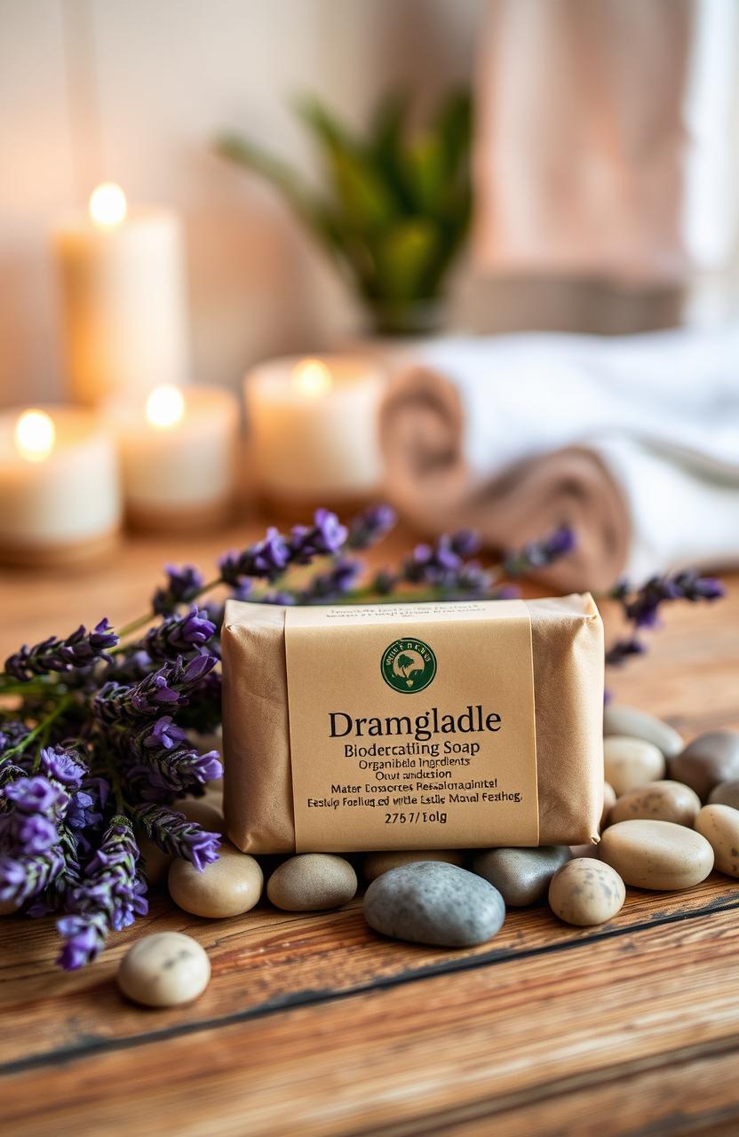 A beautifully arranged display of a luxurious bathing soap product on a wooden surface, surrounded by natural elements like fresh lavender sprigs and smooth pebbles