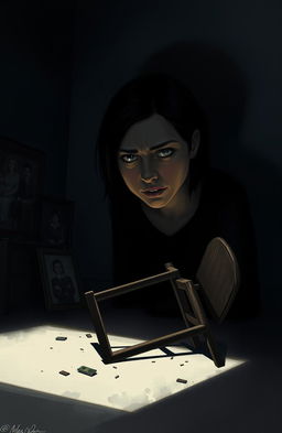 An intense and dramatic illustration portraying the theme of domestic violence, highlighting the emotional struggle of a person in a dark room, with shadows emphasizing their conflicted emotions