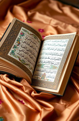 An ornate Arabic book with intricate calligraphy and vibrant, colorful illustrations, resting on a richly embroidered silk cloth