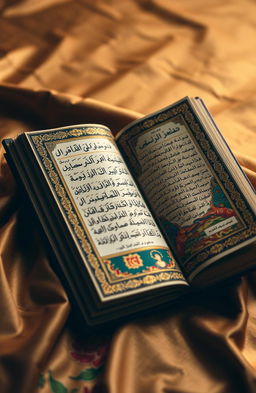 An ornate Arabic book with intricate calligraphy and vibrant, colorful illustrations, resting on a richly embroidered silk cloth