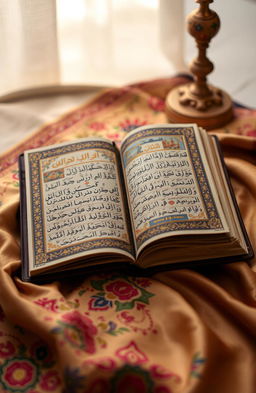 An ornate Arabic book with intricate calligraphy and vibrant, colorful illustrations, resting on a richly embroidered silk cloth