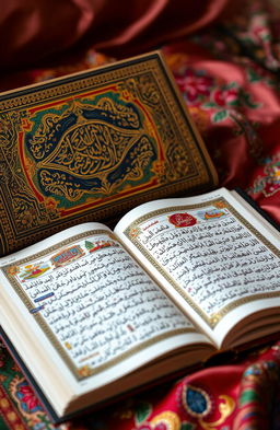 An ornate Arabic book with intricate calligraphy and vibrant, colorful illustrations, resting on a richly embroidered silk cloth