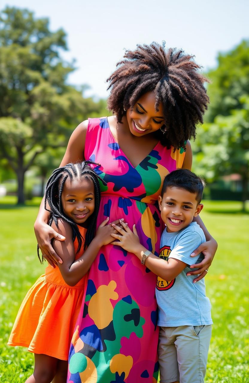 A captivating scene of a beautiful Black woman with natural hair, wearing a vibrant, flowing dress, lovingly surrounded by her three children: a girl with braided hair and bright, colorful clothing, and two boys with short hair, joyful expressions, wearing playful outfits