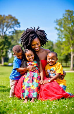 A captivating scene of a beautiful Black woman with natural hair, wearing a vibrant, flowing dress, lovingly surrounded by her three children: a girl with braided hair and bright, colorful clothing, and two boys with short hair, joyful expressions, wearing playful outfits