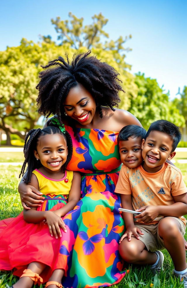 A captivating scene of a beautiful Black woman with natural hair, wearing a vibrant, flowing dress, lovingly surrounded by her three children: a girl with braided hair and bright, colorful clothing, and two boys with short hair, joyful expressions, wearing playful outfits