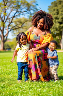 A captivating scene of a beautiful Black woman with natural hair, wearing a vibrant, flowing dress, lovingly surrounded by her three children: a girl with braided hair and bright, colorful clothing, and two boys with short hair, joyful expressions, wearing playful outfits