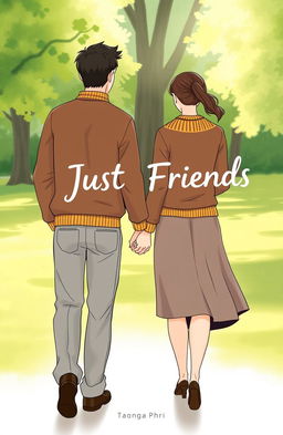 A charming illustration of a young man and woman, showing their backs to the viewer, walking hand in hand