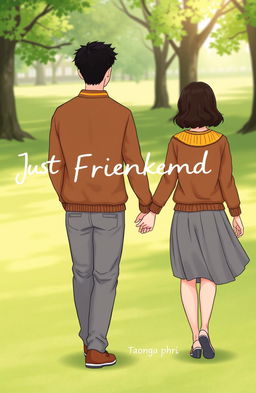 A charming illustration of a young man and woman, showing their backs to the viewer, walking hand in hand