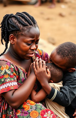 A poignant scene depicting an African woman in emotional distress, crying softly