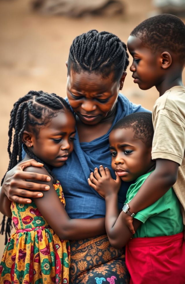 A poignant scene depicting an African woman in emotional distress, crying softly