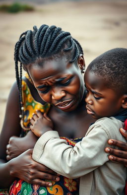 A poignant scene depicting an African woman in emotional distress, crying softly