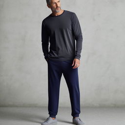 Casual, long sports attire for an adult male, featuring comfort-fit sports trousers, a lightweight long-sleeved top, and a pair of casual sports shoes.