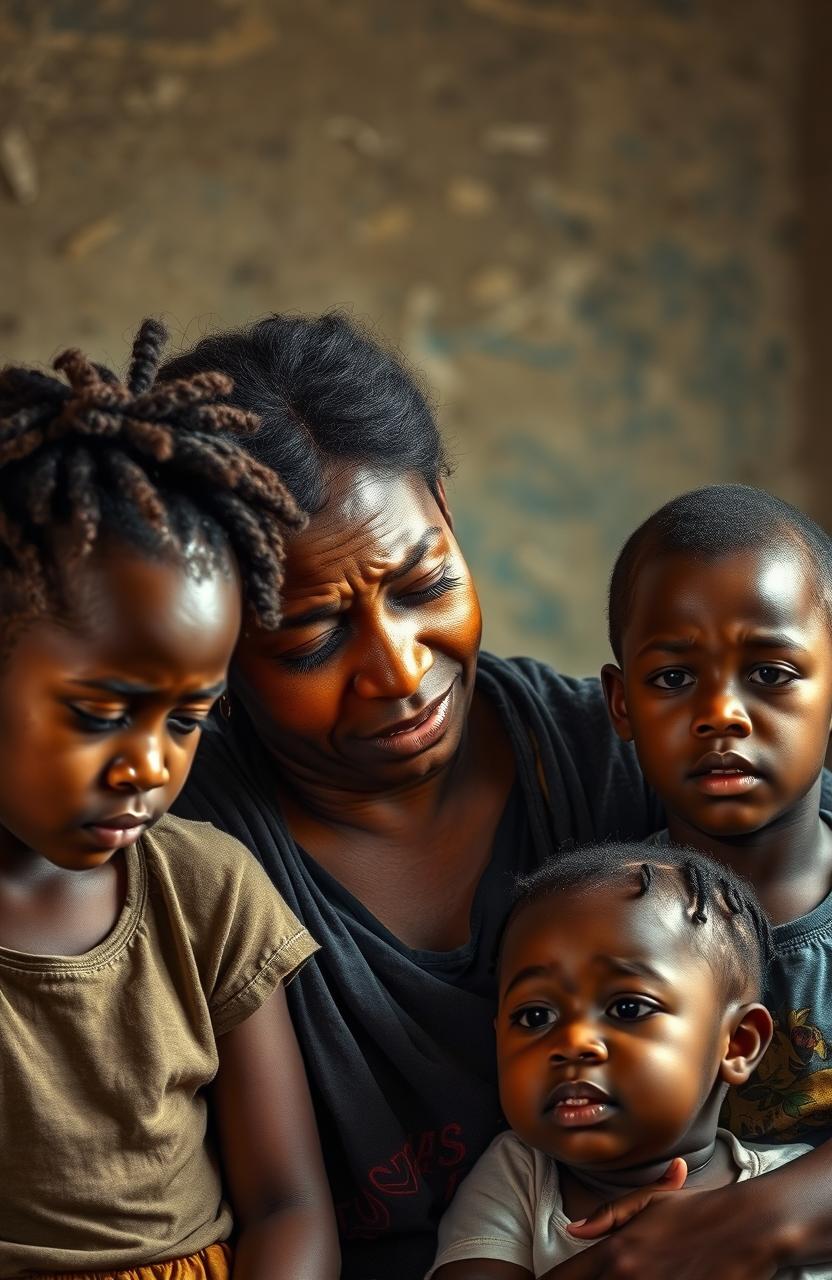 A poignant scene depicting a black woman weeping while surrounded by her three children – a girl and two boys